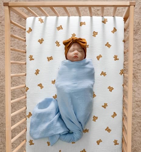 Image of Meracorallo Muslin Pack and Play Fitted Sheet, 100% Cotton, Bear