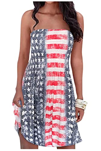 Image of Summer Dress for Women Beach Floral Cover Ups Spaghetti Strap Sundress Smocked Strapless A-Line Mini Dresses