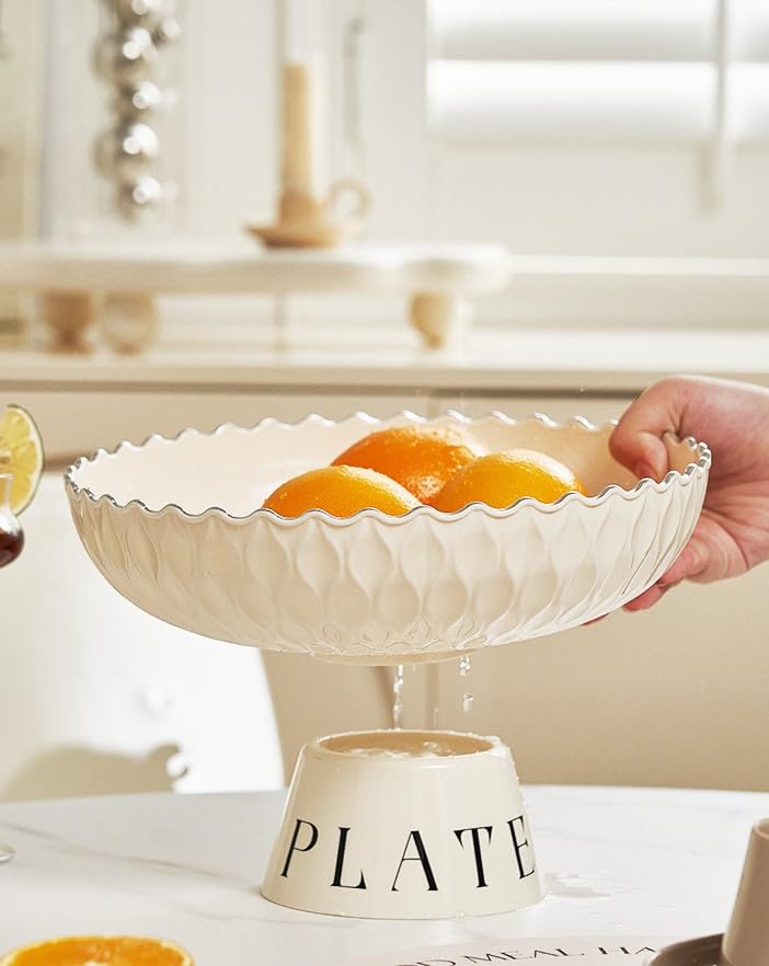 Freaswind White Drainage Fruit Bowl Decorative Wavy Fruit Tray Basket for Table Centerpiece Plastic Transparent Snack Storage Bowl (White)