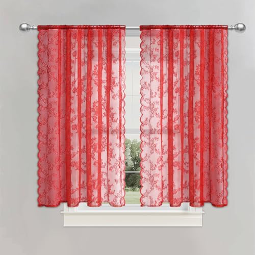 BOYOUTH Rideaux en dentelle à motif floral vintage et rose, poches à tringle, volants transparents en voile pour la chambre, le bureau, le salon, 99 x 140...