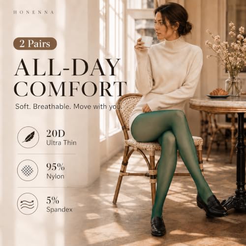 Image of HONENNA Sheer Tights for Women 2 Pairs Ultra Thin Reinforced T Crotch Control Top Pantyhose Stockings