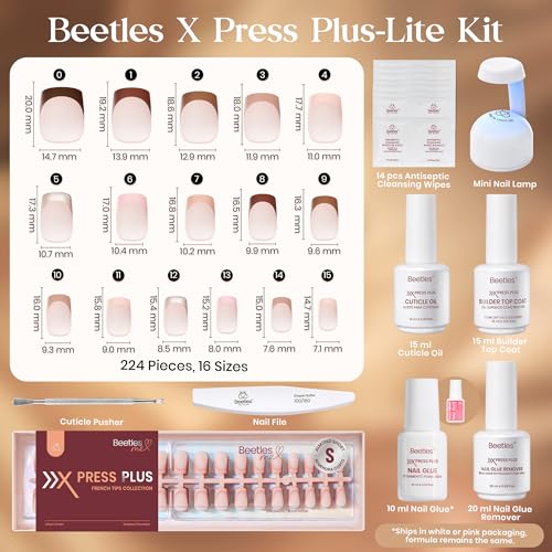 Image of Beetles Press On Nails Kit-Mocca Mousse French | 7 Colors Short Square French Tip Press On Nails | 224Pcs 16 Sizes All-in-One Kit Nails With Nail Glue,Remover,Builder Top Coat,Nail Lamp