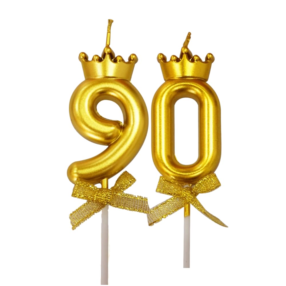 2 Pc 90 Number Candle for Birthday Cake Metallic 90th Birthday Cake Decoration Ninety Candle with Crown on Top Cake Topper 0-9 Number Candles for Anniversary (Pack of 2, Gold)-image-12