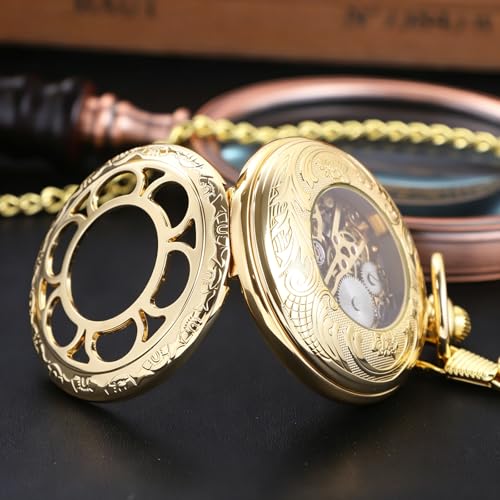 Image of Black and Silver Roman Numeral Dial Mens Mechanical Moon Phase Design, Moon Sun Pattern Skeleton Mechanical Pocket Watches for Men with Case and Chain - Black