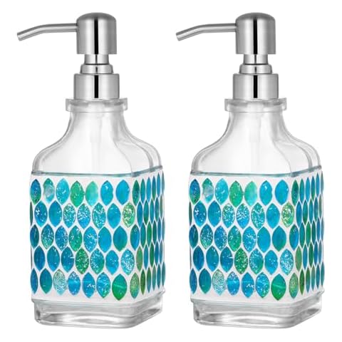 2PCS Soap Dispenser, 18 OZ Mosaic Glass with 304 Silver Stainless Steel Pump, Rustproof Hand Soap Dispenser for Kitchen & Bathroom Cover