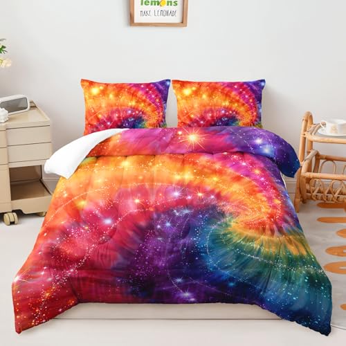 Image of AILONEN Tie Dye Comforter Set Full Size,Colorful Rainbow Spiral Bedding Set 3Pcs for Girls Women Room,Bohemian Galaxy Stars Quilt with 2 Pillowcases