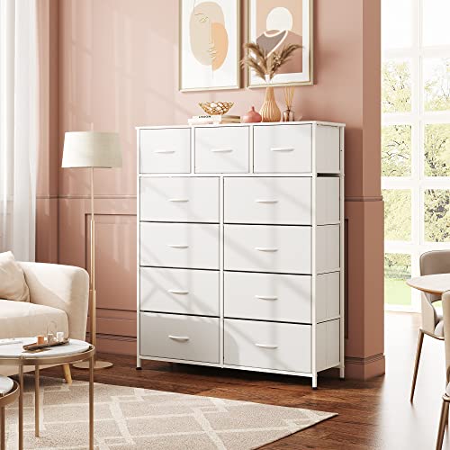 Wlive 11-Drawer Dresser, Fabric Storage Tower For Bedroom, Hallway, Nursery, Closets, Tall Chest Organizer Unit With Textured Print Fabric Bins, Steel Frame, Wood Top, Easy Pull Handle,White #TOP1