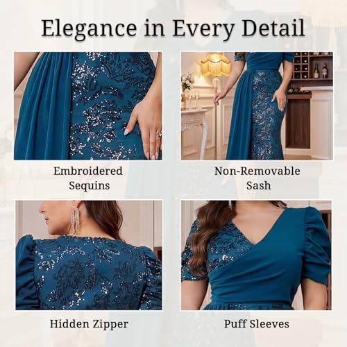 Image of Elegant Women's Formal Dress Wedding Guest Puff Sleeve Mermaid Ball Gowns Court Train Plus Size Sequin Long Dresses
