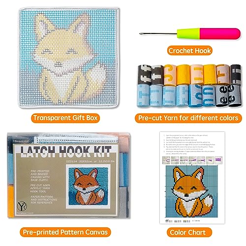 Image of YP Latch Hook Kits for Adults DIY Rug Tapestry Kits with Printed Canvas Embroidery Kits Festival Gifts Home Decoration (Fox,11.8inch X 11.8inch)