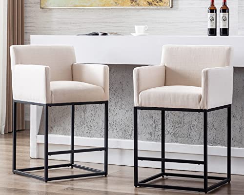 Image of Modern Counter Height Bar Stools Set of 6, Linen Fabric Upholstered Bar Stools with Backs, 26 Inch Kitchen Island Stools with Black Metal Frame, Cream