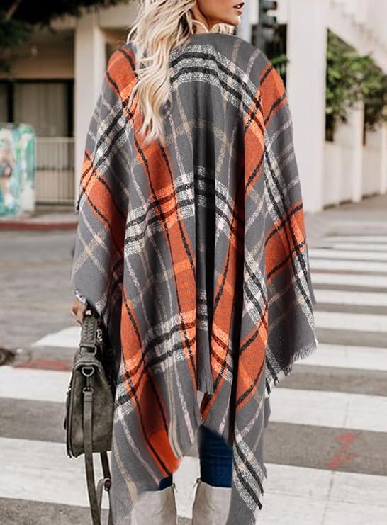 Image of LittleMax Shawls and Wraps for Women, Knit Open Front Boho Cardigan Plaid Shawl Cape, Orange Brown