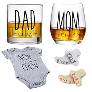 New Parents Pregnancy Gift – Mom and Dad Est 2023 11 oz Whiskey Glass Gift Set with Romper (0-3 Months) and Baby Socks ​- Top New Parents Gifts for Mom and Dad to Be – Baby Shower