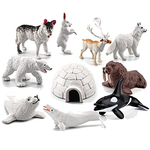 Realistic Polar Animals Figurines Toy Arctic Animal Figures Toy Playset Includes Polar Bear Seal Reindeer Wolf Rabbit Arctic Fox Igloo for Kids Toddlers 10PCS