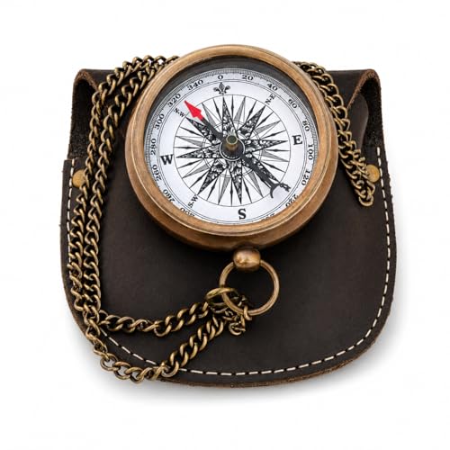 Brújula de bolsillo náutica estilo antiguo de latón con estuche de cuero y cadena, 2.5 pulgadas, compás vintage para navegación marítima, regalo para coleccionistas, viajeros y entusiastas al aire libre miniatura 4