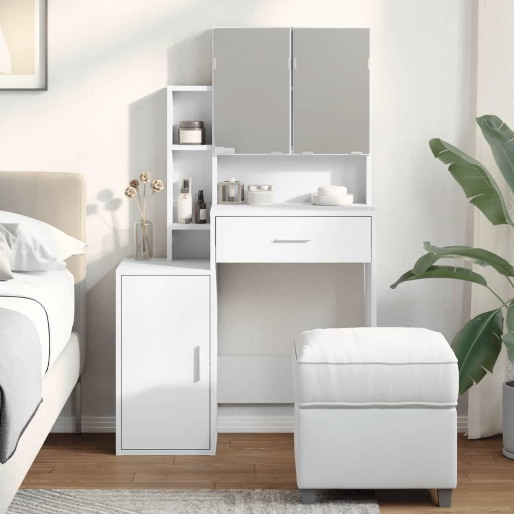 Schminktisch mit Schrank Weiß 80x35x132 cm aus Holzwerkstoff mit Spiegel und Schublade, Stauraum und Ablage für Schlafzimmer, Jugendzimmer und Make-up Styling