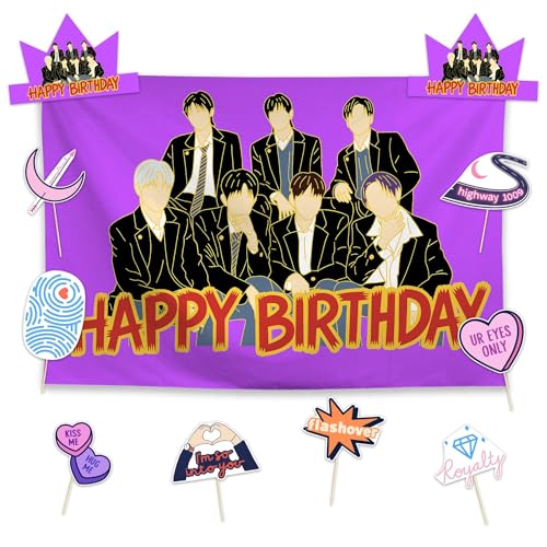 Allenjoy Korean Popular Group Birthday Party Decorations Set - 11 Piece Kit with 59x35 Backdrop 2 Headbands 8 Photo Booth Props Supplies Favors for Boys Teens Men Fans Son Decor