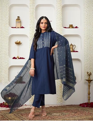 Image of Amazon Brand - Myx Women's Embroidered Kurta Pant Set with Dupatta (Available in Plus Sizes)