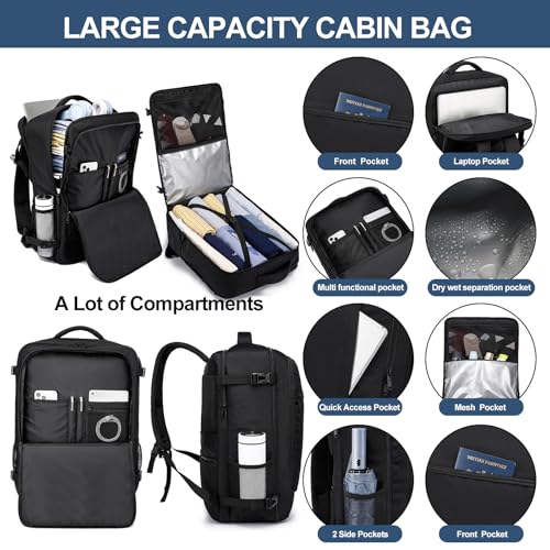 LIGSAN Handgepäck Rucksack 55x40x20 Handgepäck Rucksack für Flugzeug 44L Groß Reiserucksack Handgepäck Tasche 55x40x20cm Reisetasche 55x40x20 Carry-On Rucksack Handgepäck für 18 zoll Laptop, Schwarz