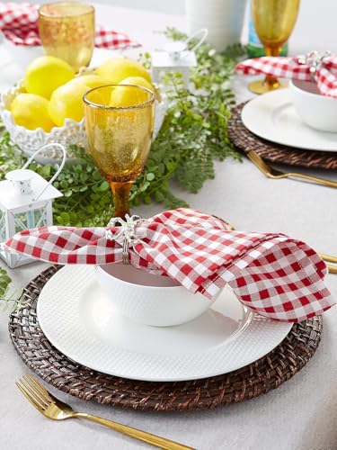 Image of Set of 4 Cotton Mercerised Dining Table Napkins,Red Check Colour, Heavy Weight,More Than 2 cm Mitered Hem,Washable at 40C (Red Check, 45 X 45 Cms)