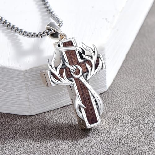 Cross Necklace for Men 925 Sterling Silver Cross Antler Fish Hook Necklace Pendant Deer Jewelry Birthday Christmas Hunting Religious Christian Gifts3
