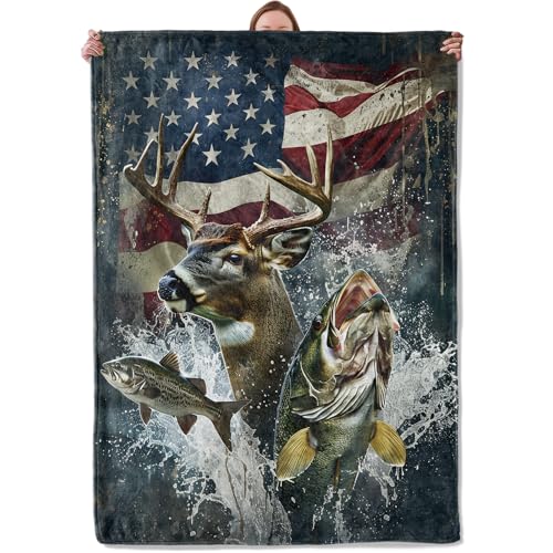 Hunting Deer Fish American Flag Theme Blanket Gifts for Women Girls Soft Warm Lightweight Flannel Throw Blankets for Living Room Home Sofa Travel Decor 50 x 60