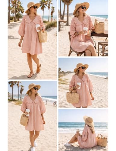 Image of Ynhonra Women's Gingham Mini Dress 3 /4 Puff Sleeve Babydoll Doll Collar