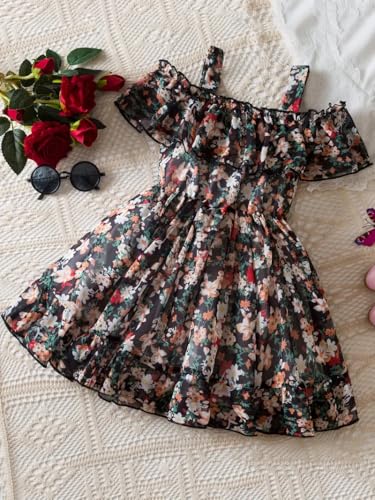 Image of Buy & Try by Dharmikaay Georgette Girl's Floral Printed Frock Dress for Girls Short Frock Baby Princess Western Dresses| Stylish Fancy Kids Clothing for Festival, Fashion