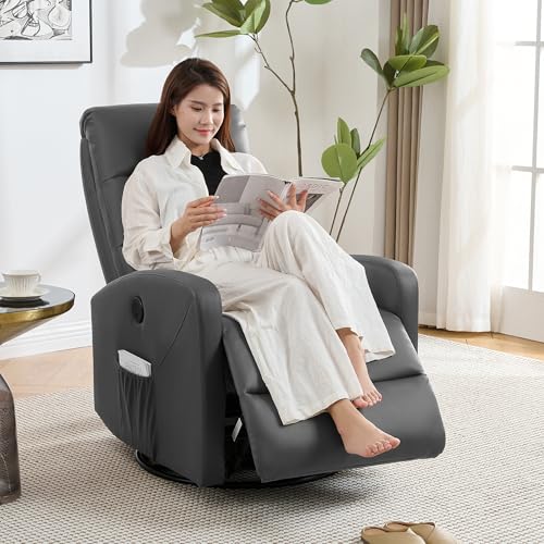 IKIFLY 電動リクライニングチェア1人掛け リクライニングソファ USBポート付き リクライニング ファブリック オットマン一体型 パーソナルチェアー 電動ソファ モーションソファー 耐圧分散 人暮らし 165度無段階調節 270° 回転 揺ら揺ら 皮革 お手入れ簡単 耐荷重150kg (ダックグレー)