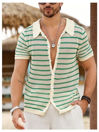 Verdusa Men's Hollow Out Knit Button Down Short Short Sleeve Striped Crochet Cardigan4