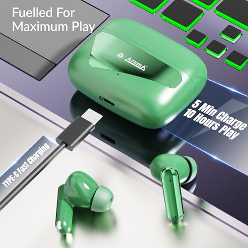 Image of AROMA TWS8 Harmony V5.4 True Wireless Earbuds - Chrome Green | Up to 60H Playtime, ENC, Fast Charging, Heavy Bass, Bluetooth