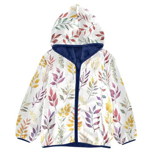 CHIFIGNO Girls Boys Fleece Jacket Cute Kids Hoodie Warm Winter Outwear with Pockets for Toddler and Kids, Watercolor Autumn Leaves, 9-10T
