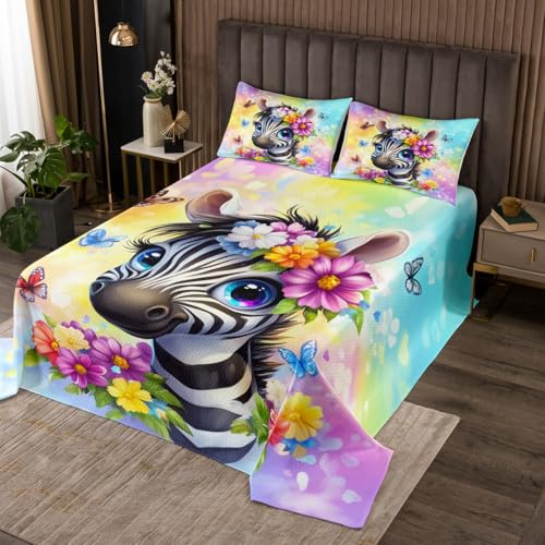 jejeloiu Zebra Bedspread Kids Zoo Animal Flroal Coverlet Set Twin Size Black and White Quilted Coverlet for Room Decor Soft Girl Butterfly Blossom Pink Purple