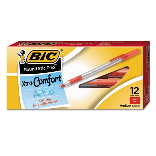 (Lot de 3 Value Bundle) Bicgsmg11rd Ultra Round Stic Grip Stylo à bille Stick Pen, encre rouge, Medium, Douzaine