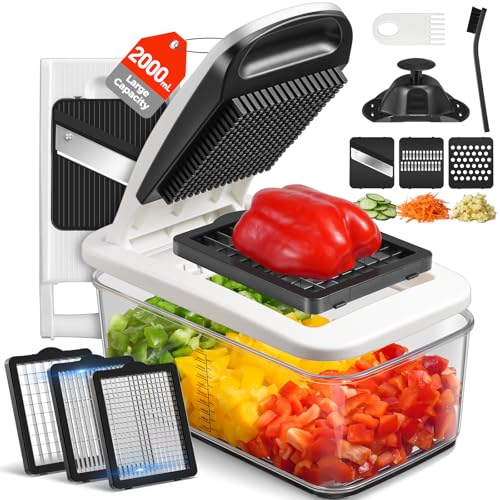 Mandolina de Cocina, Sopito Cortador de Verdura Multifuncional con 6 Cuchillas Acero Inoxidable, Recipiente Grande de 2 L, Protector de Manos y Guantes Resistentes a Cortes