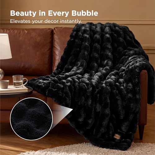 Image of Bedsure GentleSoft Fluffy Fuzzy Black Throw Blanket for Bed, Soft Cozy Fleece Faux Fur Blanket for Couch, Black Room Decor Sofa Cover, Thick Warm Plush Bedding Cozy Gifts for Women Men