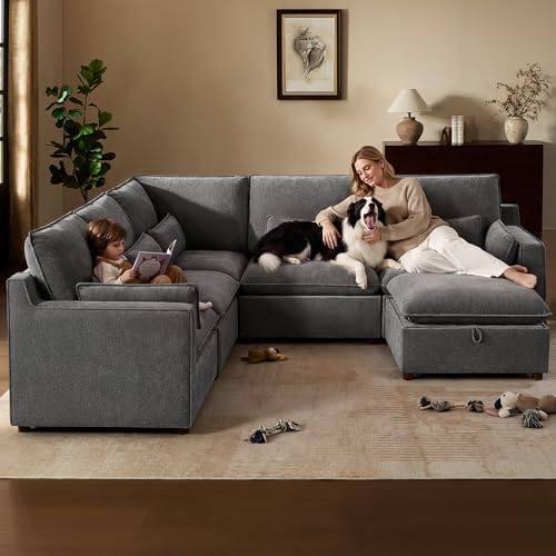 Image of Modern Modular Sectional Sofa,105 inch V Shape Sectional Cloud Couch with Storage Ottoman,Comfty 6 Seat Sofa for Living Room,Grey Chenille