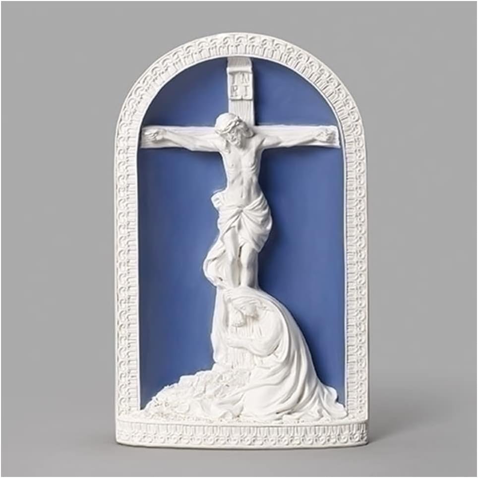 Roman Della Robbia Mary Weeps at Crucifix Standing Cross, 12-inch Height, Religious Decoration