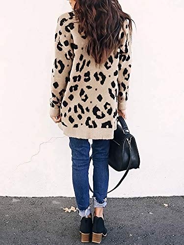 ZESICA Women's Long Sleeves Open Front Leopard Print Knitted Sweater Cardigan Coat Outwear with Pockets,L,A-Beige