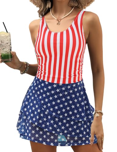 La Mejor Recopilación de Trajes y americanas para Mujer Top 5. 41 VIMPUNEC - Traje de baño de una pieza para mujer, con control de abdomen, falda de natación modesta, Bandera americana 4, X-Large