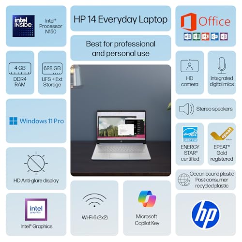 Image of HP 14 inch Laptop Ultra-Portable Computer 2026 Student Business, MS Office, Copilot AI, Intel 4-Core CPU, 4GB RAM, 628GB Storage (128GB UFS+500GB Ext), Long Battery, MaxsolAccessory, Win 11 Pro, Sky Blue