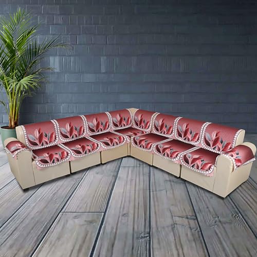 Image of l Shape Sofa Cover 7 Seater | Velvet Quilted Anti-Slip Sofa Cover Protector Covers | Sofa Cover for Living Room | Sofa Slipcovers | 3+2 (L-Shape) (Leaf Crimson Red)