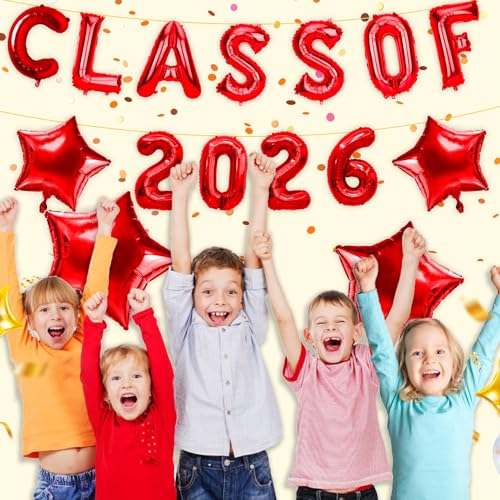 Image of Graduation Balloons, Class of 2026 Balloons, 16 Inch Red Grad Class of 2026 Letters Foil Balloon with Star Balloons, Class of 2026 Decorations for High School College Graduation Party Decorations
