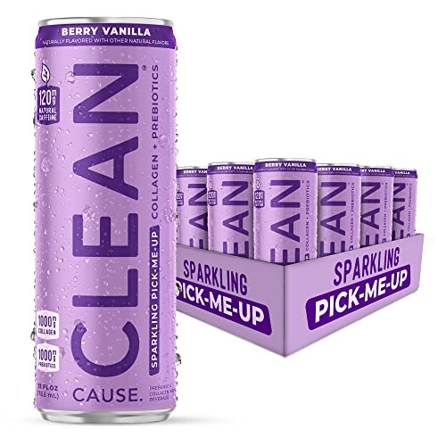 CLEAN Cause Berry Vanilla Sparkling Pick-Me-Up with Prebiotics & Collagen Peptides (12oz cans, 12-Pack Case) Low Sugar, 120mg Caffeine, Healthy Alternative to Soda & Energy Drinks.