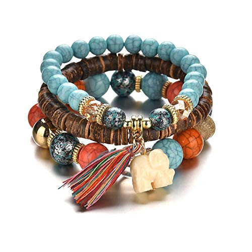 BEUU Bohemian Mix Bead Multi Layer Versatile Statement Bracelets - Stackable Beaded Strand Stretch Bangles Sparkly Crystal, Tassel Charm