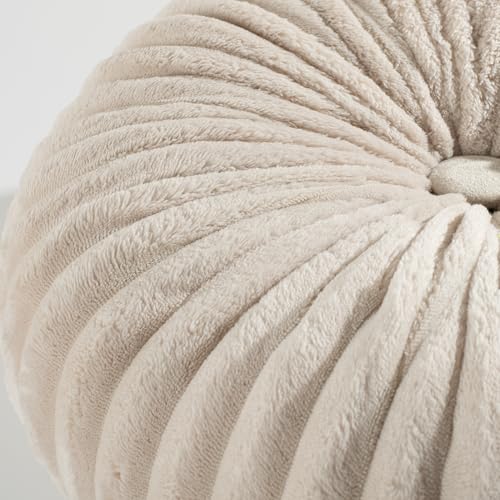 Image of HIG Decorative Round Throw Pillows for Bed Couch -Set of 2 Handcraft Ruched Pumpkin Pillow, Soft and Durable Flannel Floor Pillow for Home Decor, Bed Living Room and Sofa (Beige,14.5 inchx14.5 inch)