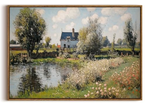 Image of KISSFOX Vintage Framed Wall Art Decor Countryside Landscape Pictures Wall Decor Rustic River Cottage Canvas Art Prints Modern Farmhouse Impressionist Paintings Artwork For Bedroom Living Room
