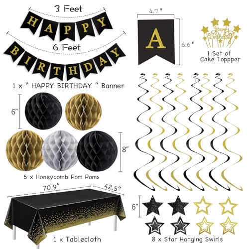 Image of Black Gold Birthday Party Decorations Supplies Happy Birthday Banner Honeycomb Balls Fringe Curtain Foil Balloons Hanging Swirls Cake Topper Tablecloth Party Supplies for Boys Men