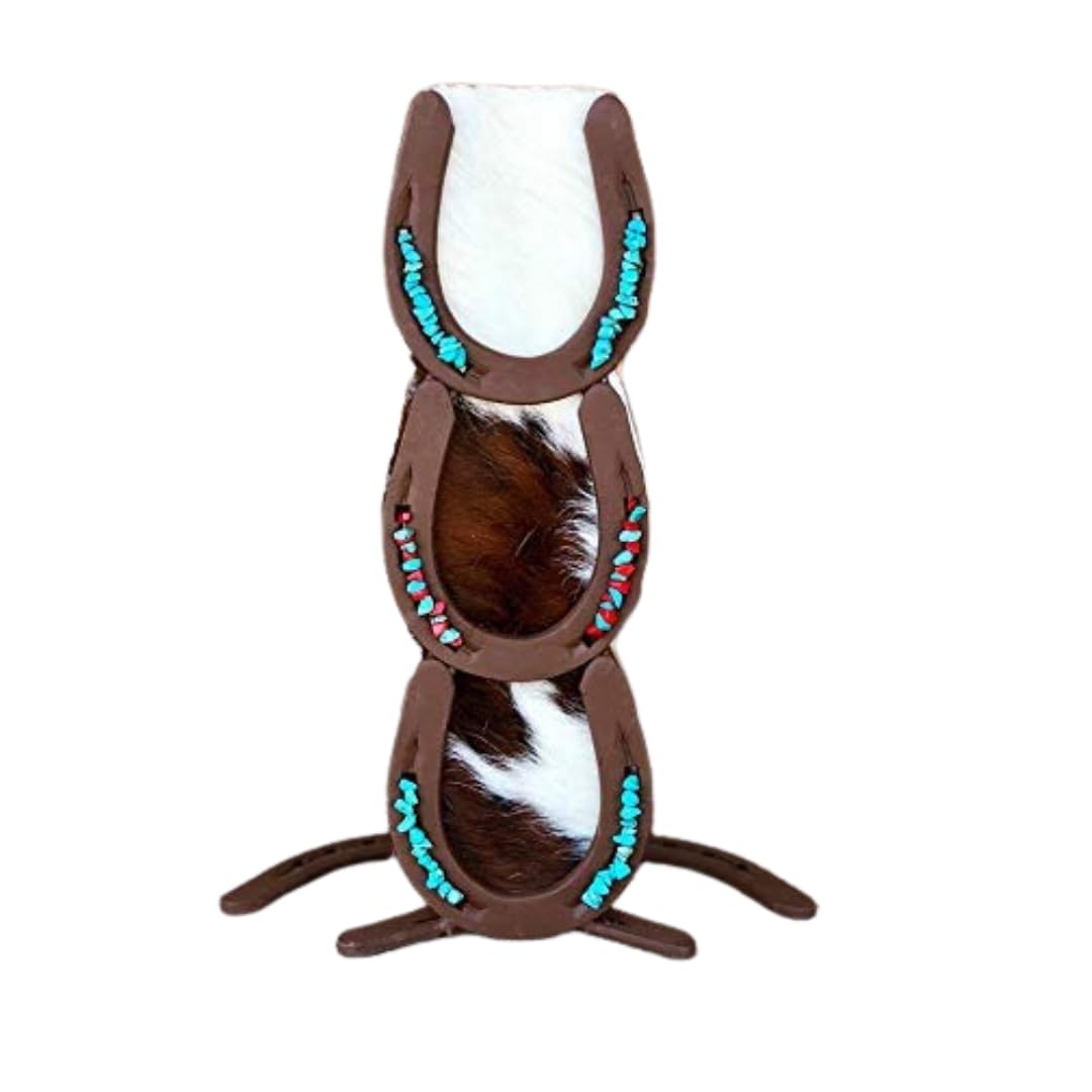Rustic Farmhouse Horseshoe Cowhide Horseshoe Paper Towel Holder for Amazon Basics Paper Towels - Turquoise & Brown Wooden Countertop Holder, Farm