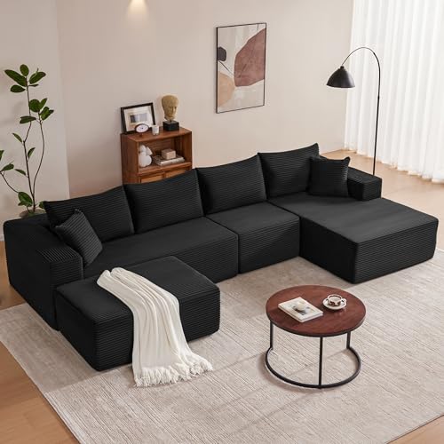 Image of Mangodan 140 inch Cloud Sectional Couch, Boneless Sofa for Living Room, Modular Sectional Sofa with Deep Seat, Comfy Fluffy U-Shaped Couch with Right-Facing Chaise, No Assembly Required, Black