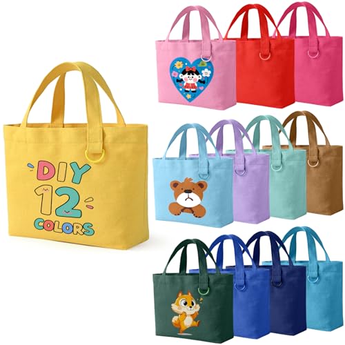 KIDJFGG 12 Pack Small Canvas Tote Bags, Mini Tote Bags Bulk for Women, DIY Blank Reusable Cute Sublimation Tote Bag with Handles & D Ring for Lunch, Grocery, Party Favors, Wedding Gifts & Craft